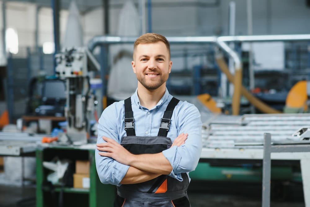 Small business owner standing in front of machinery.